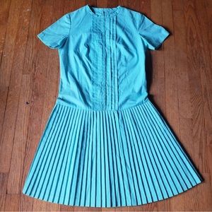 Vintage 60s Pastel Turquoise Mod Pintuck Drop Waist Pleated Skirt Dress S/M
